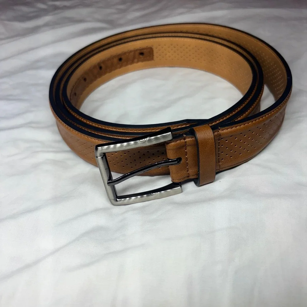BQKJ Mens Brown Perforated Faux‎ Leather Belt Gunmetal Buckle Size 58-60